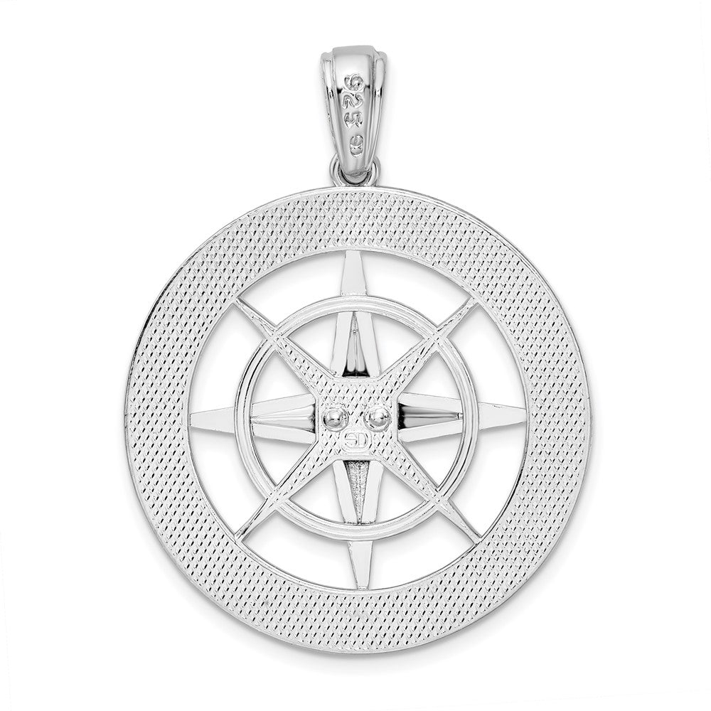 Sterling Silver Rhodium-plated Polished Large Nautical Compass Pendant