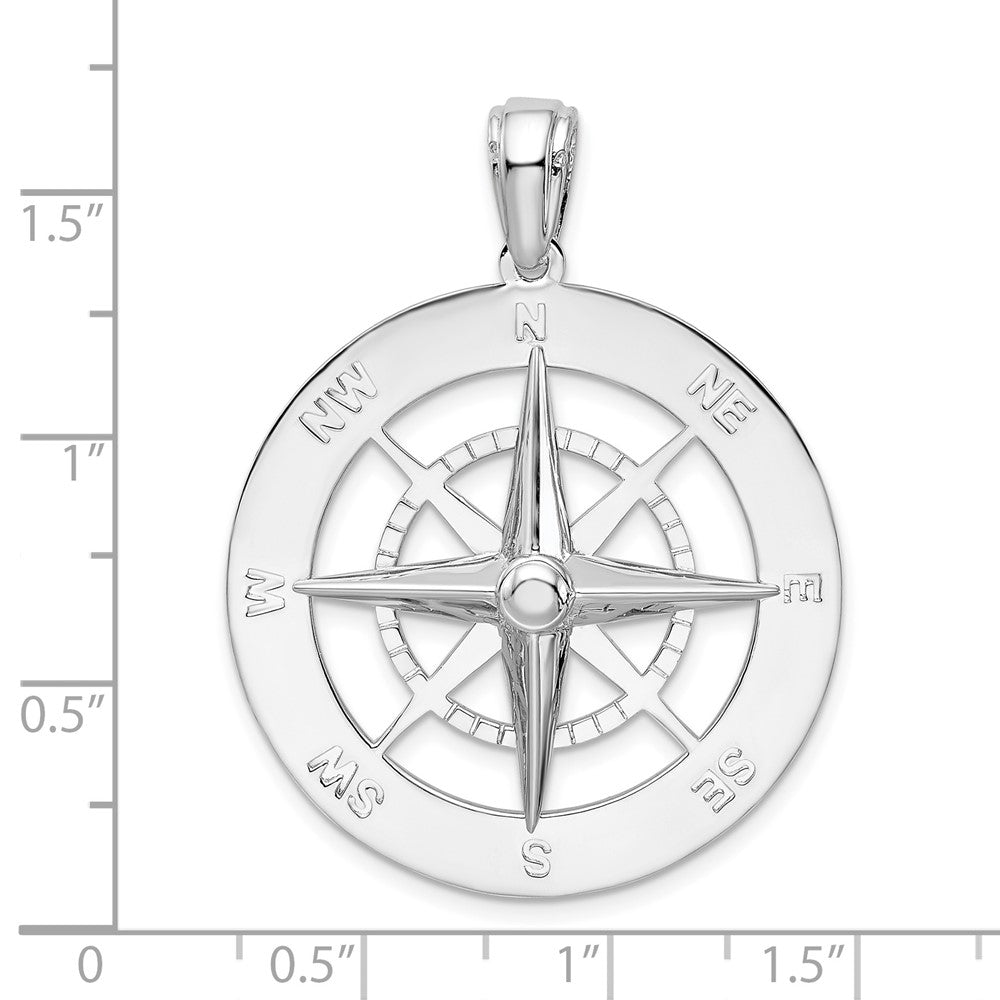 Sterling Silver Rhodium-plated Polished Large Nautical Compass Pendant