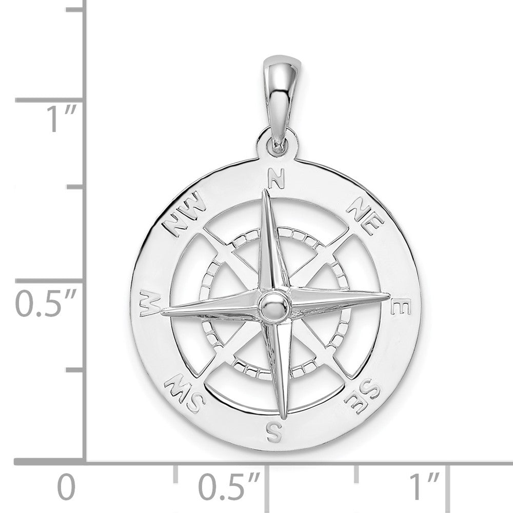 Sterling Silver Rhodium-plated Polished Nautical Compass Pendant