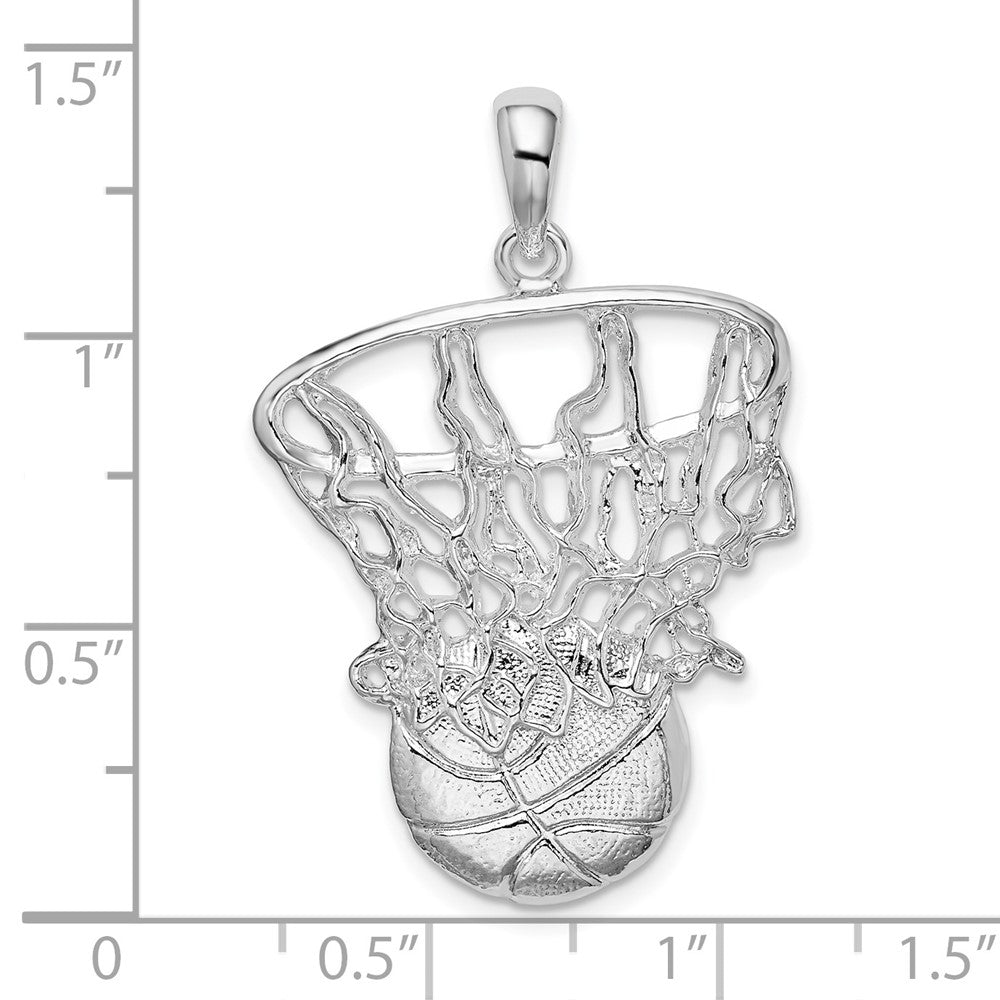 Sterling Silver Rhodium-plated Polished Basketball in Net Pendant