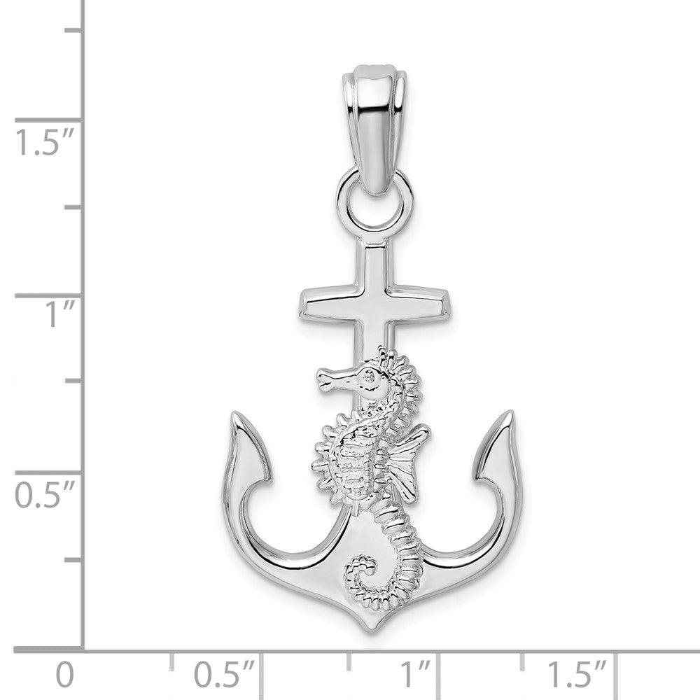 Sterling Silver Rhodium-plated Polished Anchor w/Seahorse Pendant