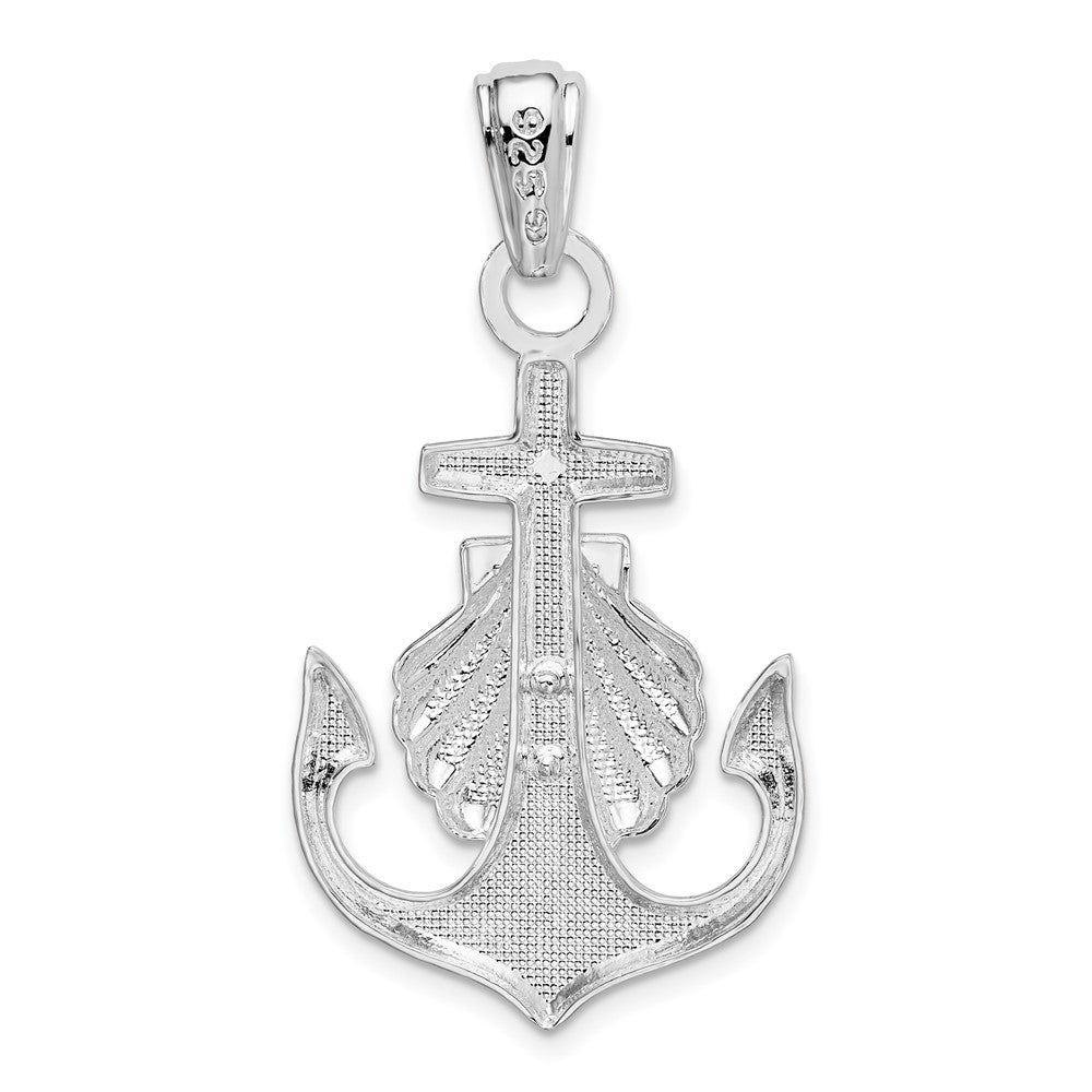 Sterling Silver Rhodium-plated Polished Anchor w/Scallop Shell Pendant