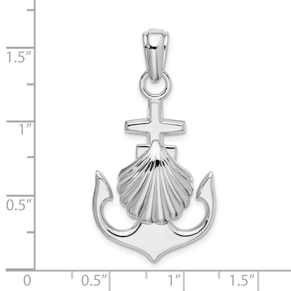Sterling Silver Rhodium-plated Polished Anchor w/Scallop Shell Pendant