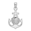 Sterling Silver Rhodium-plated Polished Anchor w/Scallop Shell Pendant