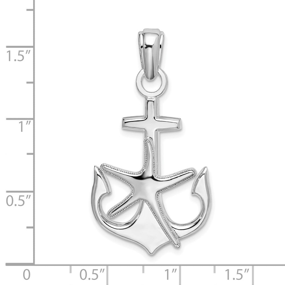 Sterling Silver Rhodium-plated Polished Anchor w/Starfish Pendant