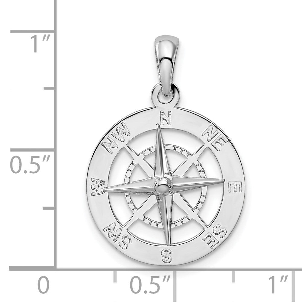 Sterling Silver Rhodium-plated Polished Nautical Compass Pendant