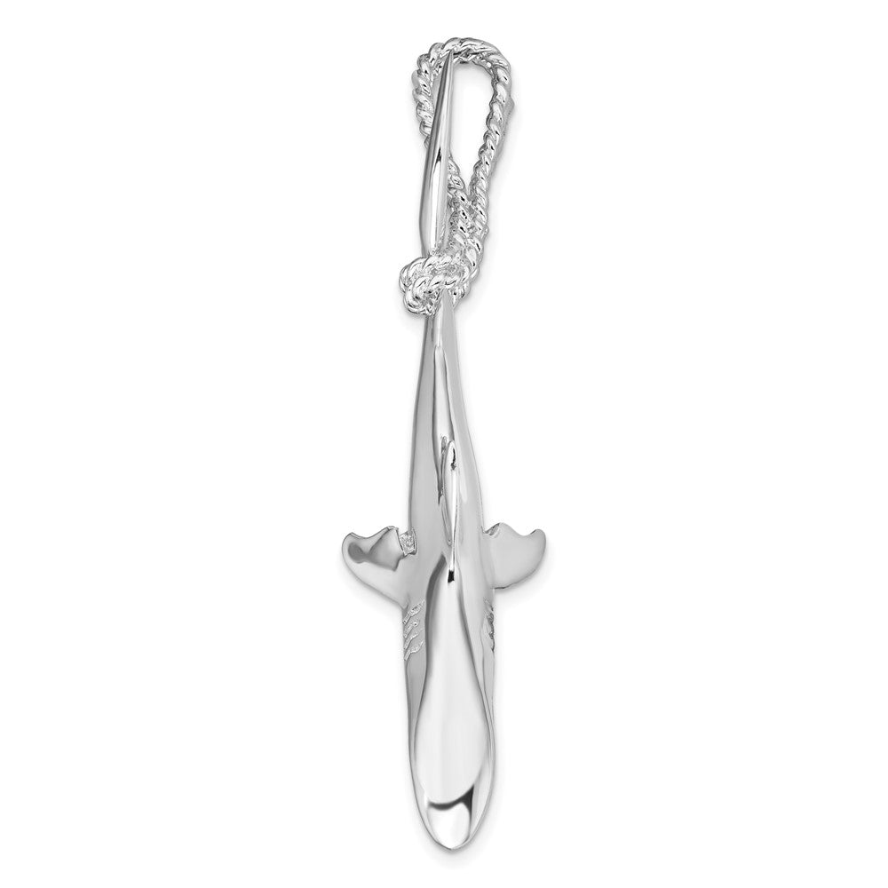 Sterling Silver Rhod-plated Polished 3D Shark Hanging from Rope Pendant