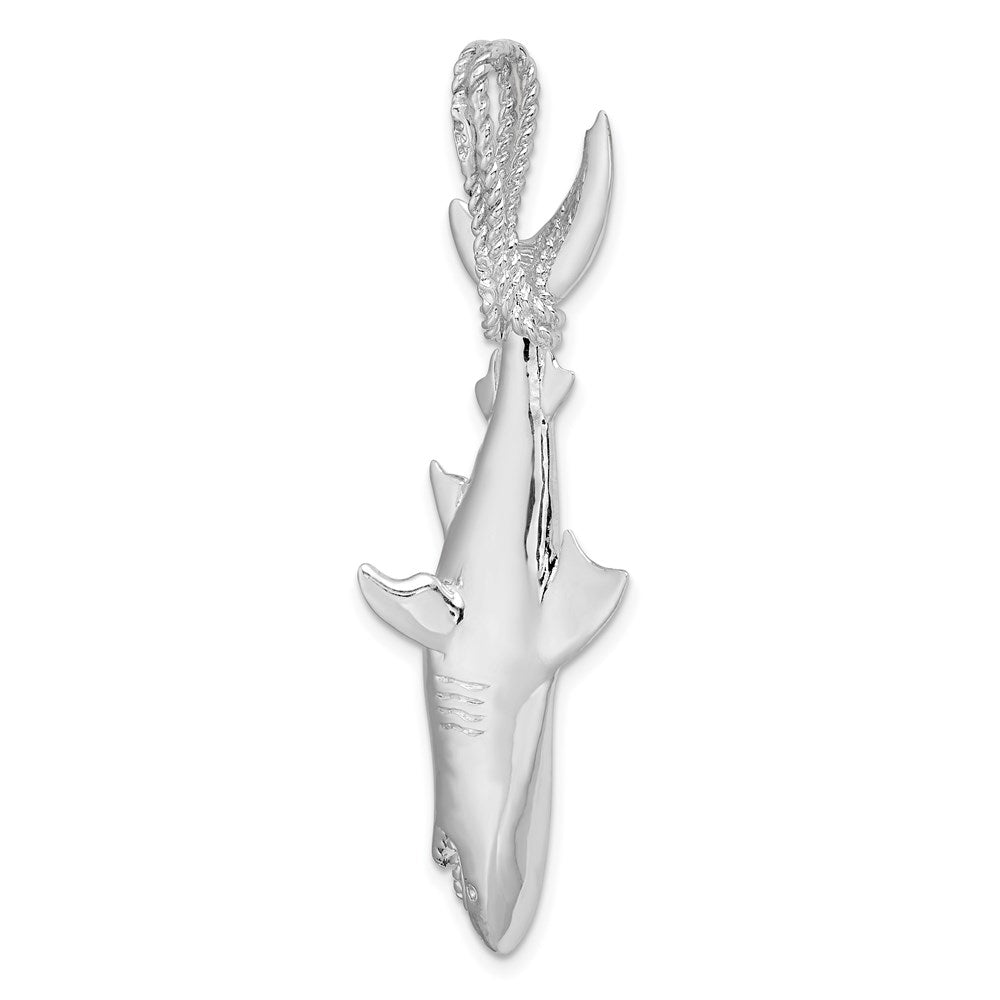 Sterling Silver Rhod-plated Polished 3D Shark Hanging from Rope Pendant