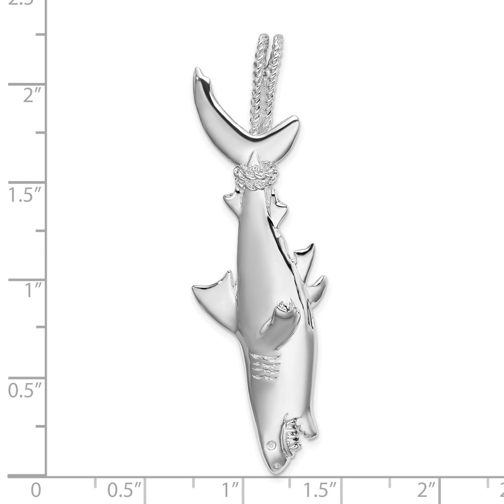 Sterling Silver Rhod-plated Polished 3D Shark Hanging from Rope Pendant