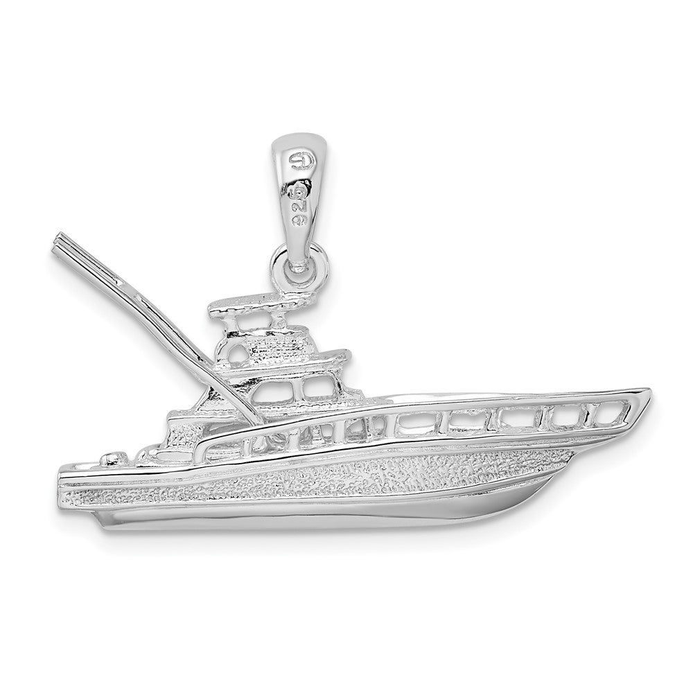 Sterling Silver Rhodium-plated Polished 3D Sportfishing Boat Pendant