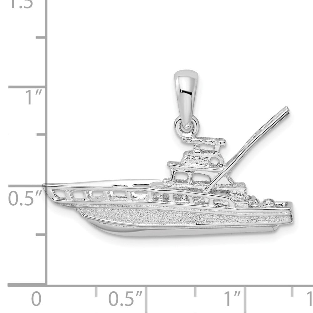 Sterling Silver Rhodium-plated Polished 3D Sportfishing Boat Pendant