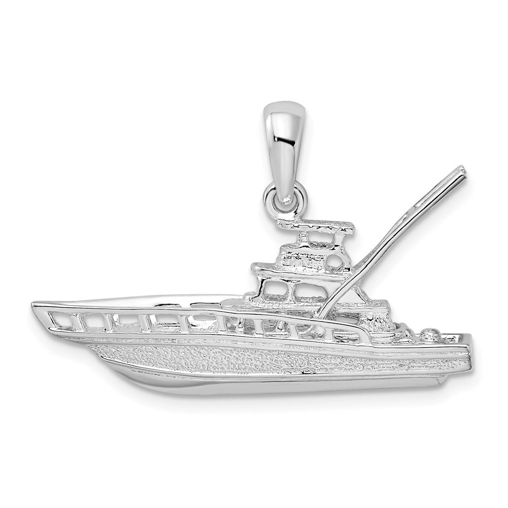 Sterling Silver Rhodium-plated Polished 3D Sportfishing Boat Pendant