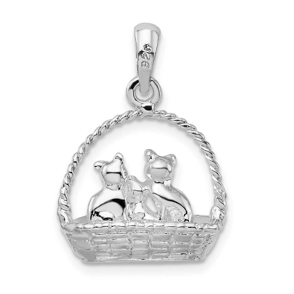Sterling Silver Polished 3D Kittens in Basket Pendant