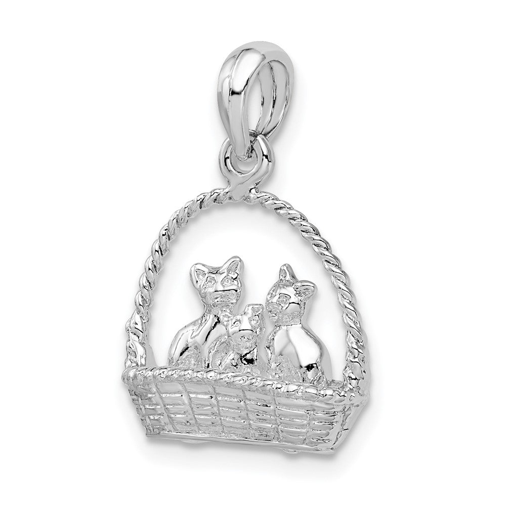 Sterling Silver Polished 3D Kittens in Basket Pendant