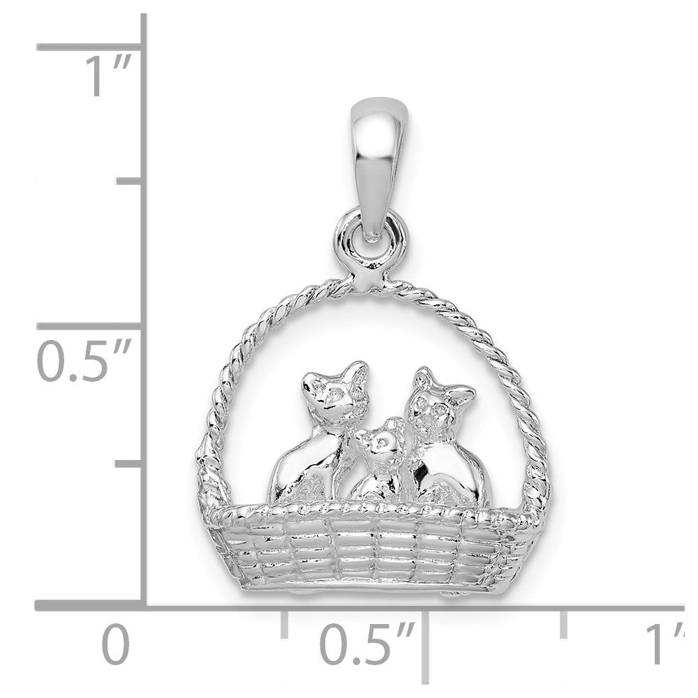 Sterling Silver Polished 3D Kittens in Basket Pendant