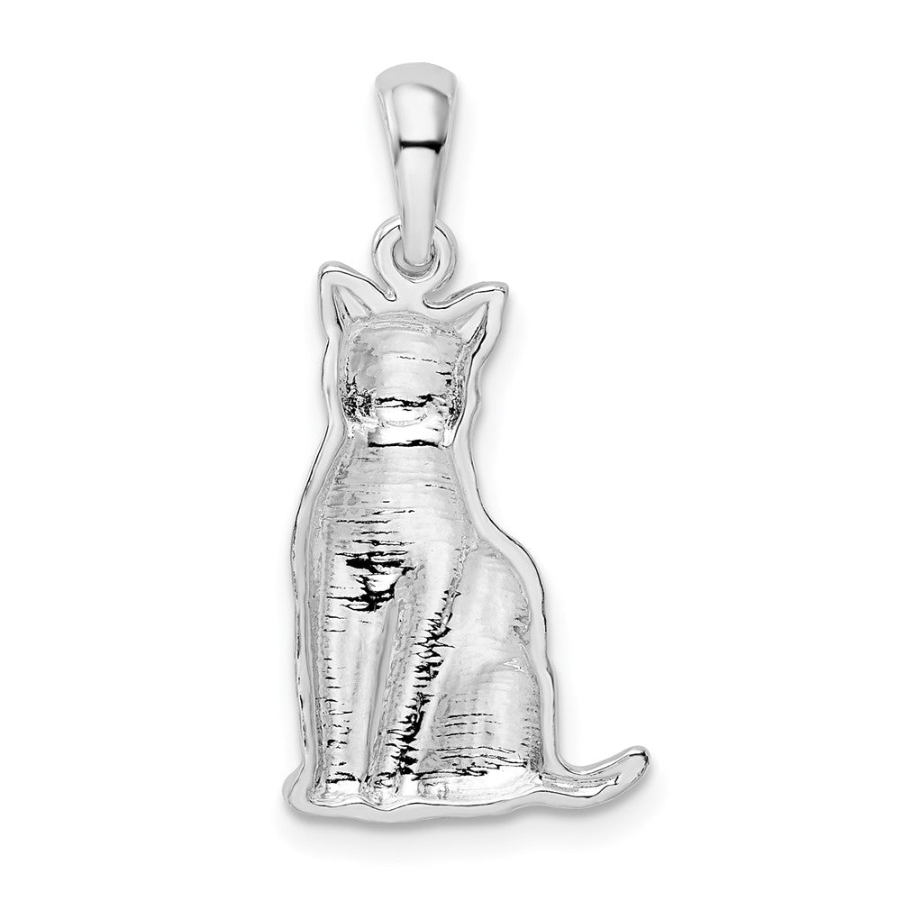Sterling Silver Rhodium-plated Textured Sitting Cat Pendant