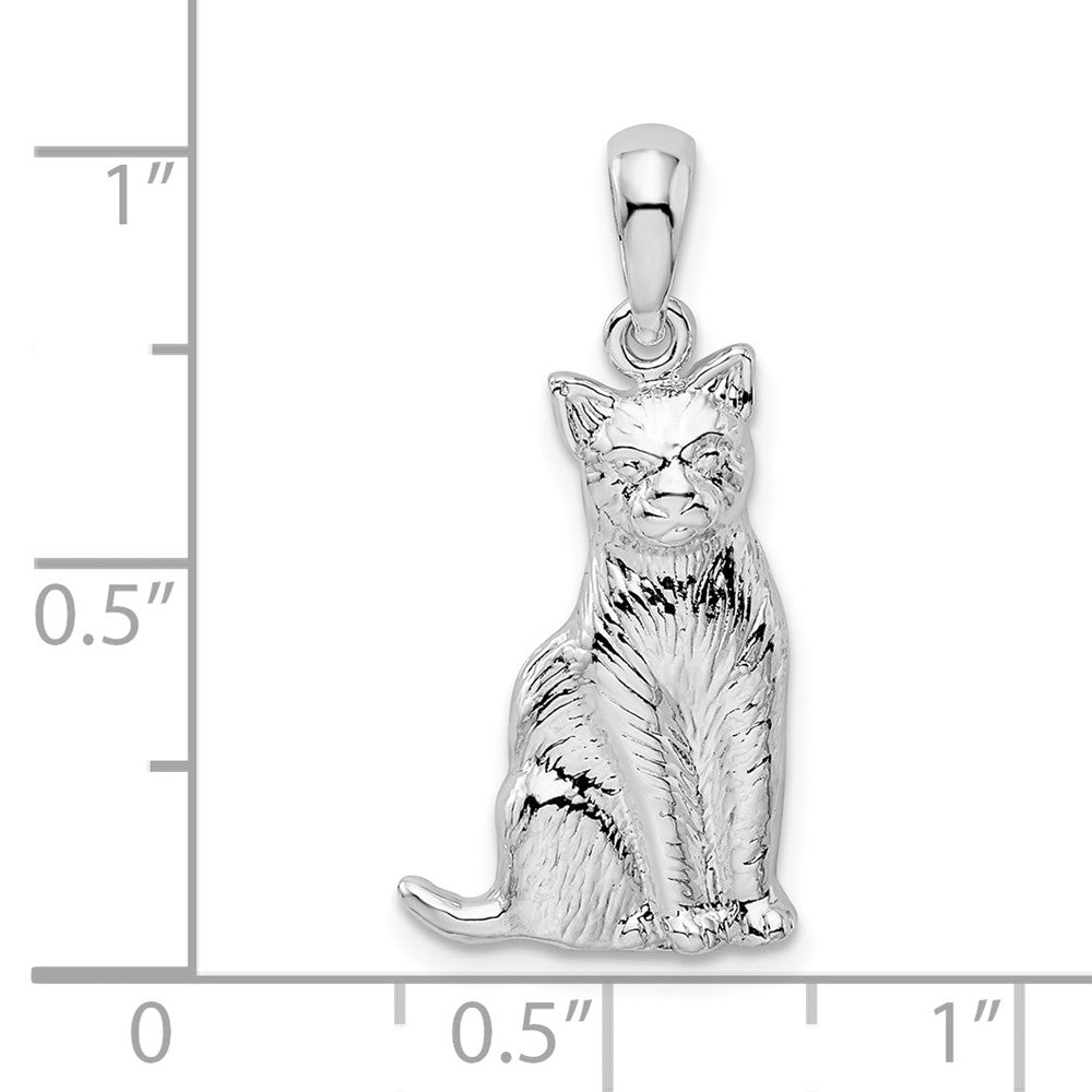 Sterling Silver Rhodium-plated Textured Sitting Cat Pendant