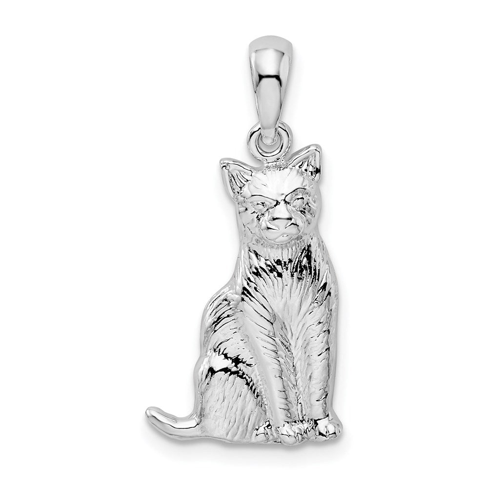 Sterling Silver Rhodium-plated Textured Sitting Cat Pendant