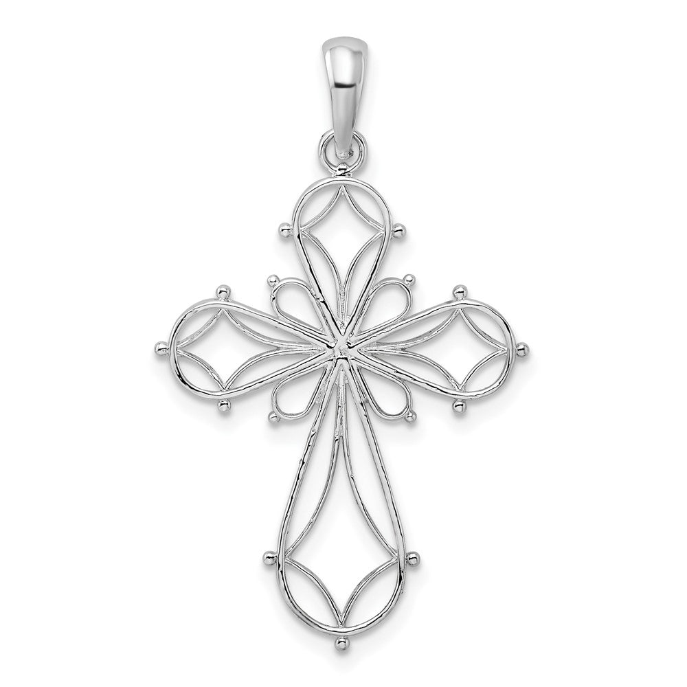 Sterling Silver Rhodium-plated Fancy Cut-out Rounded Cross Pendant