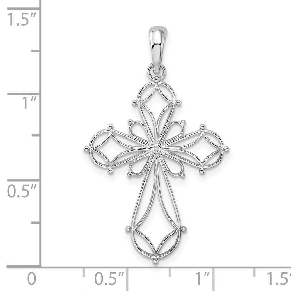Sterling Silver Rhodium-plated Fancy Cut-out Rounded Cross Pendant