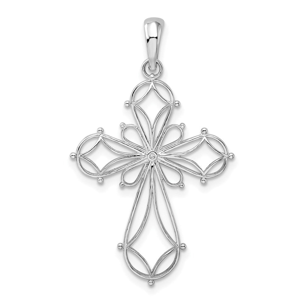 Sterling Silver Rhodium-plated Fancy Cut-out Rounded Cross Pendant