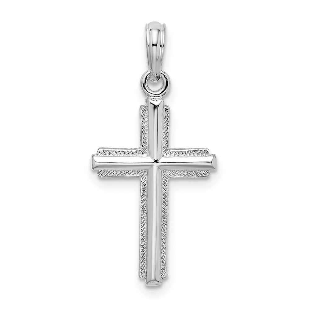 Sterling Silver Rhod-plated Polished Striped Border Latin Cross Pendant