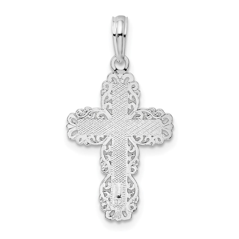Sterling Silver Rhodium-plated Polished Lace Border Latin Cross Pendant