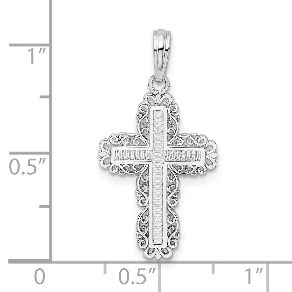 Sterling Silver Rhodium-plated Polished Lace Border Latin Cross Pendant