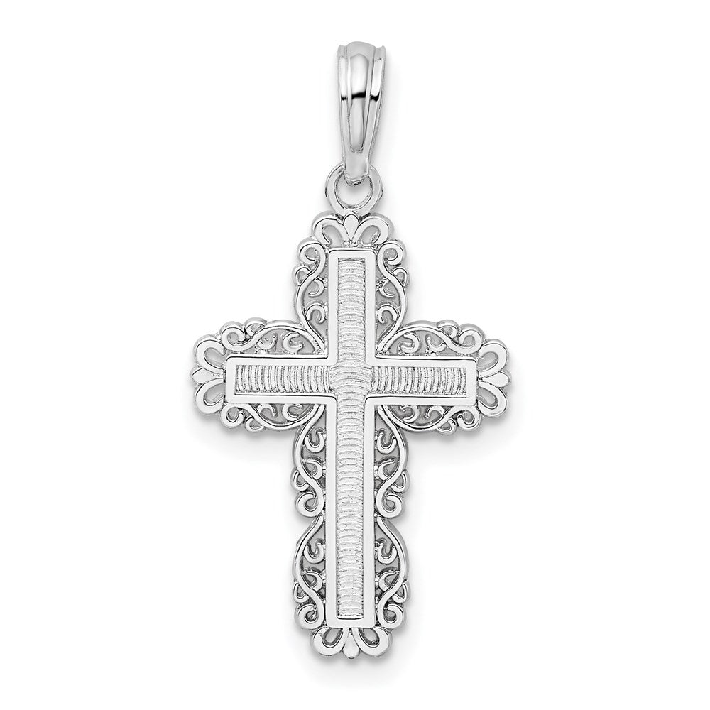 Sterling Silver Rhodium-plated Polished Lace Border Latin Cross Pendant