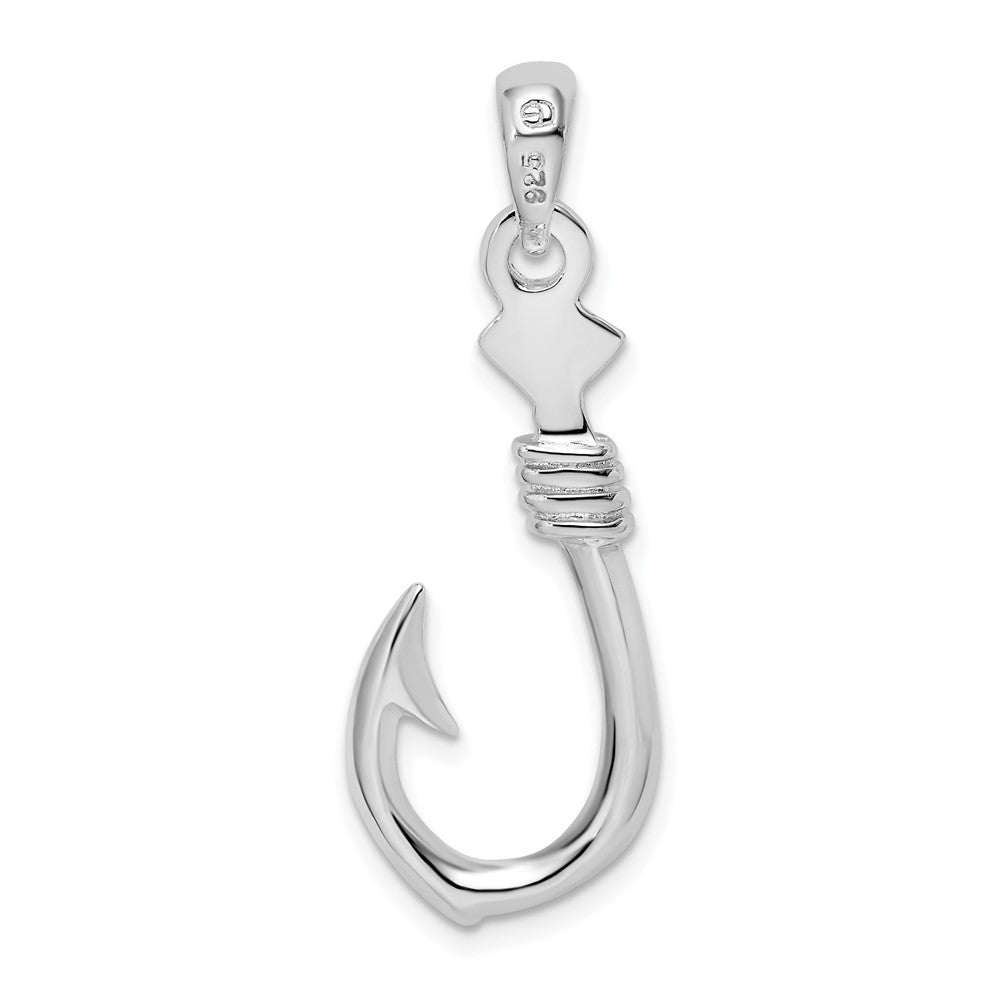 Sterling Silver Polished 3D Large Fish Hook w/Rope Pendant