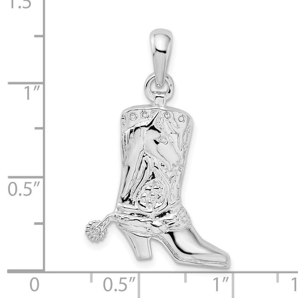 Sterling Silver Rhod-plated Polished 3D Cowboy Boot w/Spur Pendant