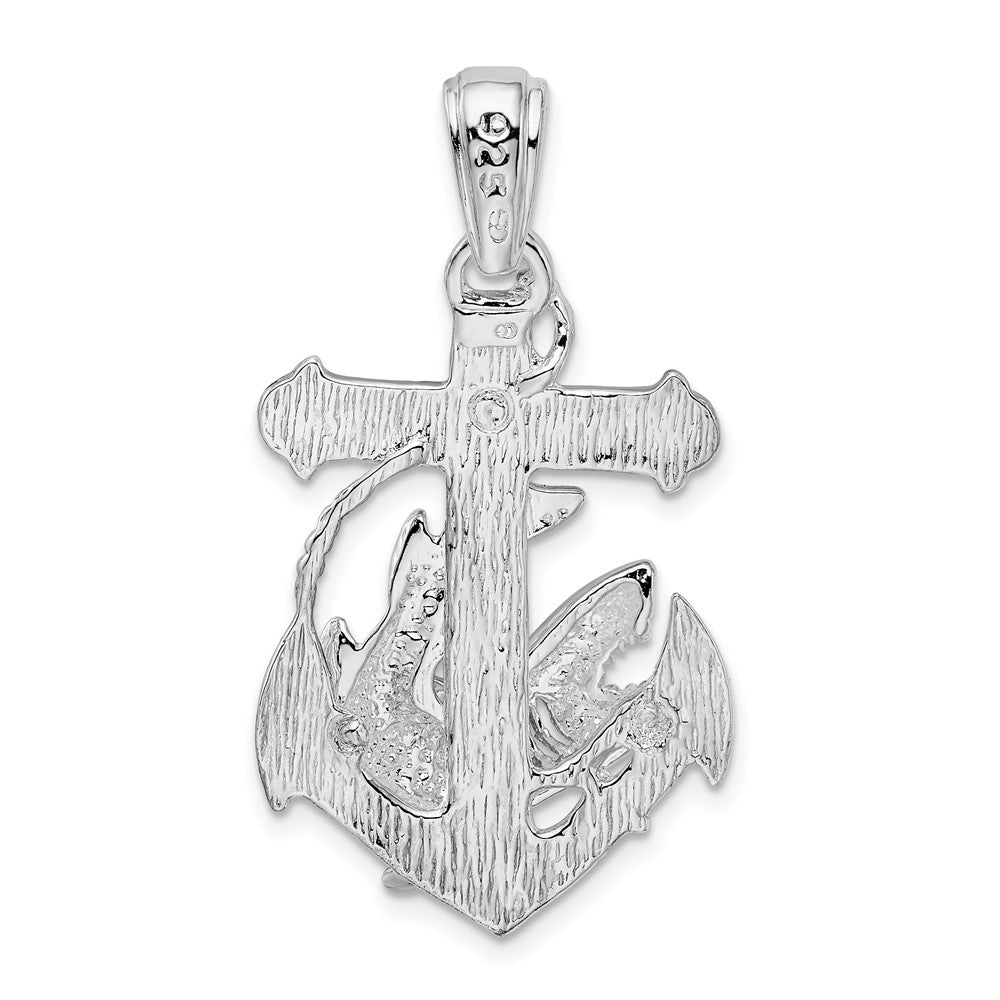 Sterling Silver Rhodium-plated Polished Anchor w/Shark Pendant