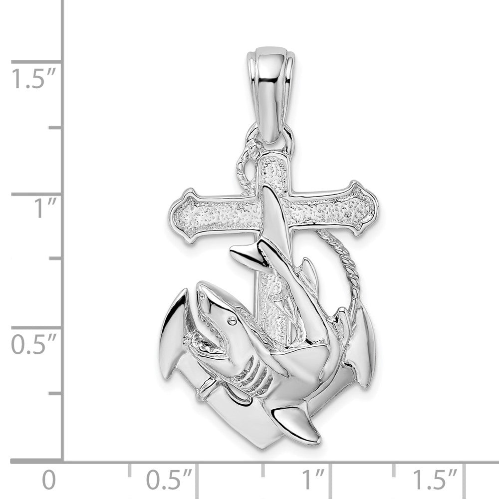 Sterling Silver Rhodium-plated Polished Anchor w/Shark Pendant
