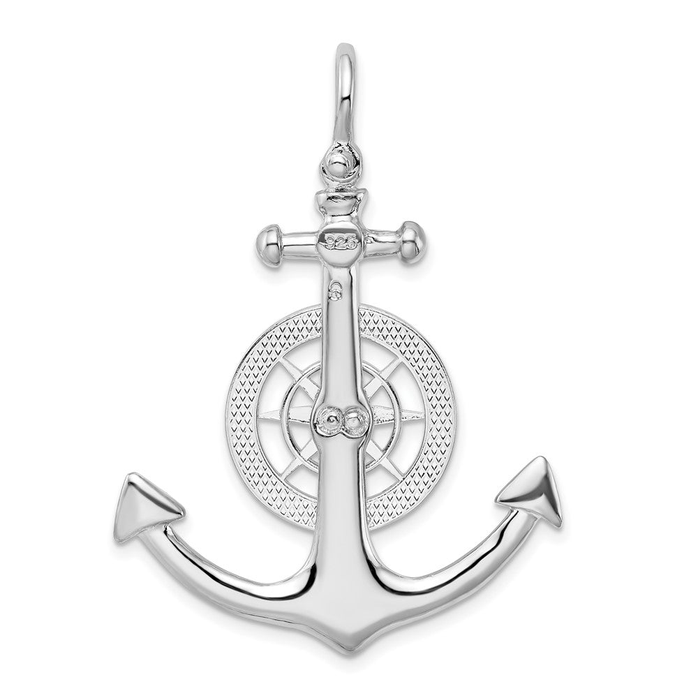 Sterling Silver Rhodium-plated Polished 3D Lg Anchor w/Compass Pendant