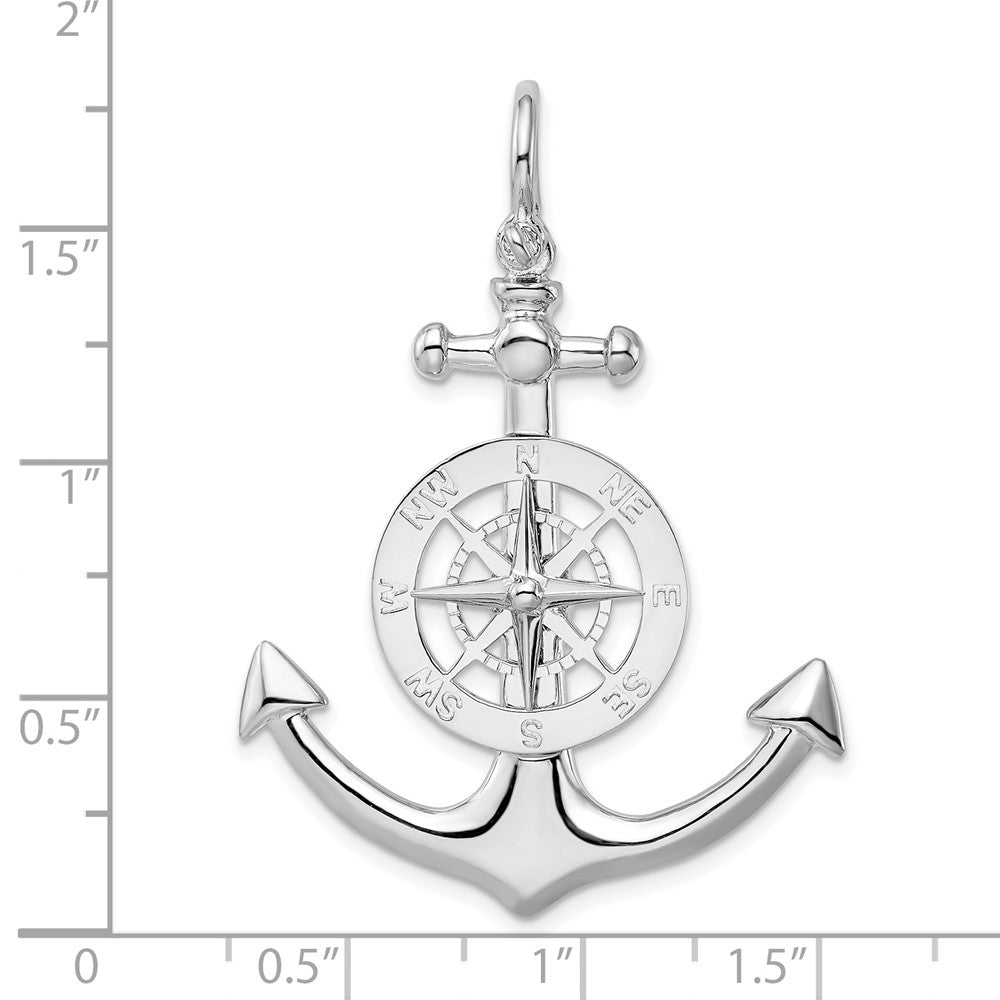 Sterling Silver Rhodium-plated Polished 3D Lg Anchor w/Compass Pendant