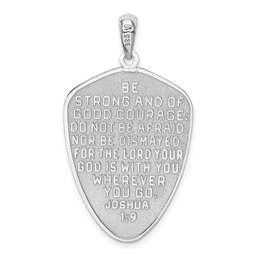 Sterling Silver RH-plated Textured Cross Shield Joshua 1:9 Reverse Pendant