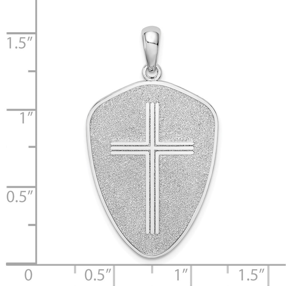 Sterling Silver RH-plated Textured Cross Shield Joshua 1:9 Reverse Pendant