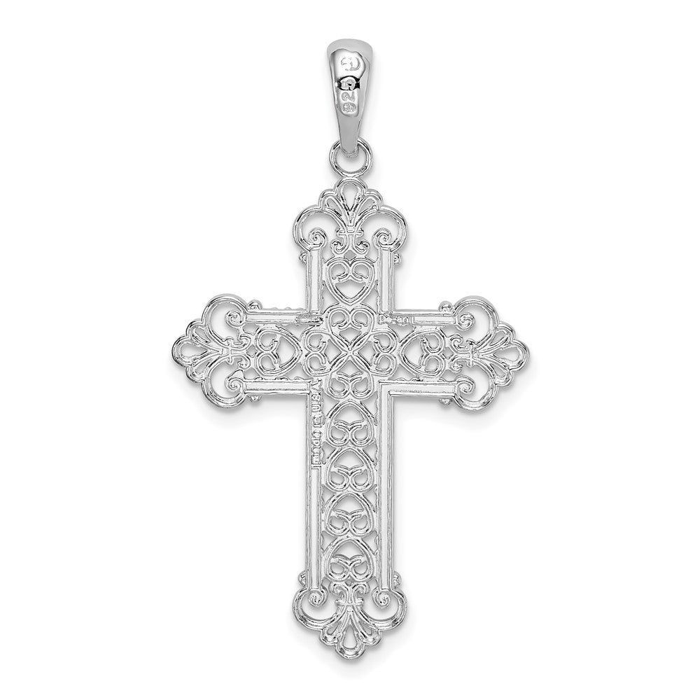 Sterling Silver Rhodium-plated Polish Filigree Fleur de Lis Cross Pendant
