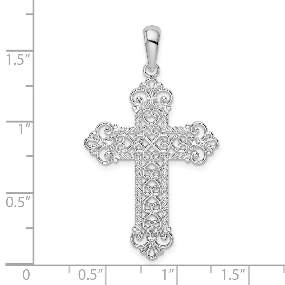 Sterling Silver Rhodium-plated Polish Filigree Fleur de Lis Cross Pendant