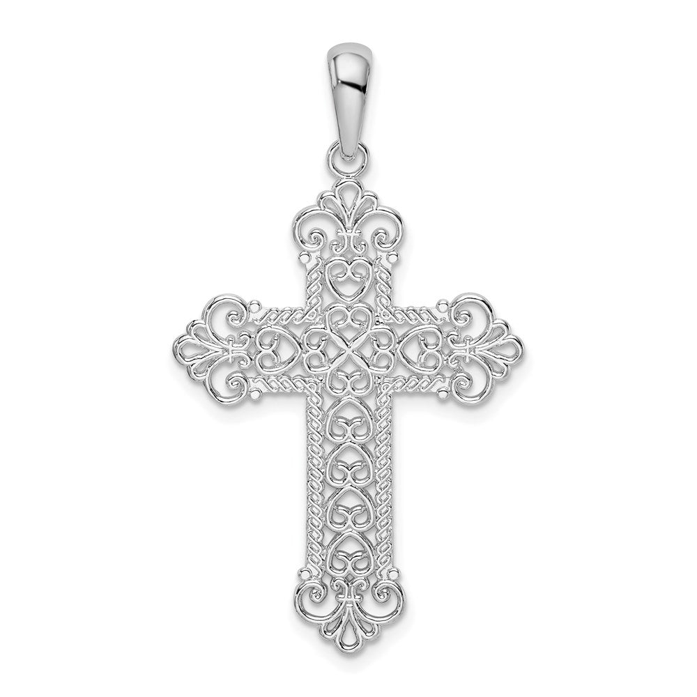 Sterling Silver Rhodium-plated Polish Filigree Fleur de Lis Cross Pendant