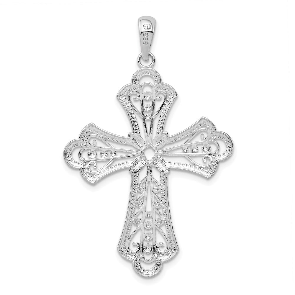 Sterling Silver Polish Filigree Bead Edge Fleur de Lis Cross Pendant