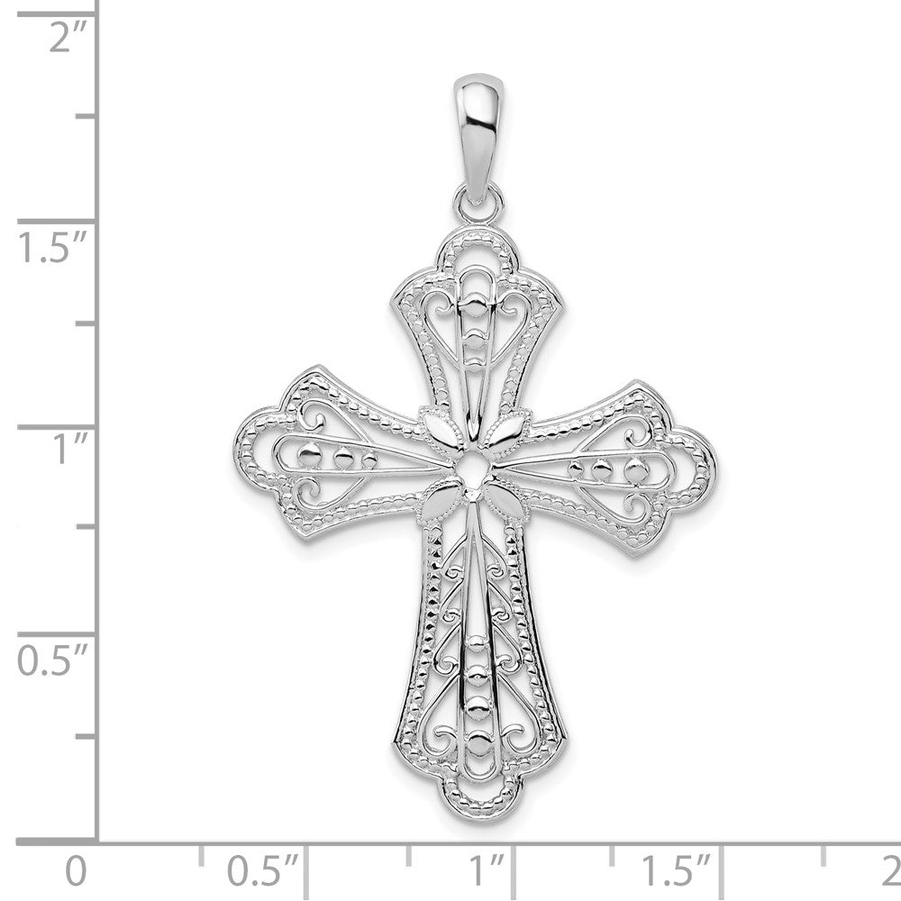Sterling Silver Polish Filigree Bead Edge Fleur de Lis Cross Pendant