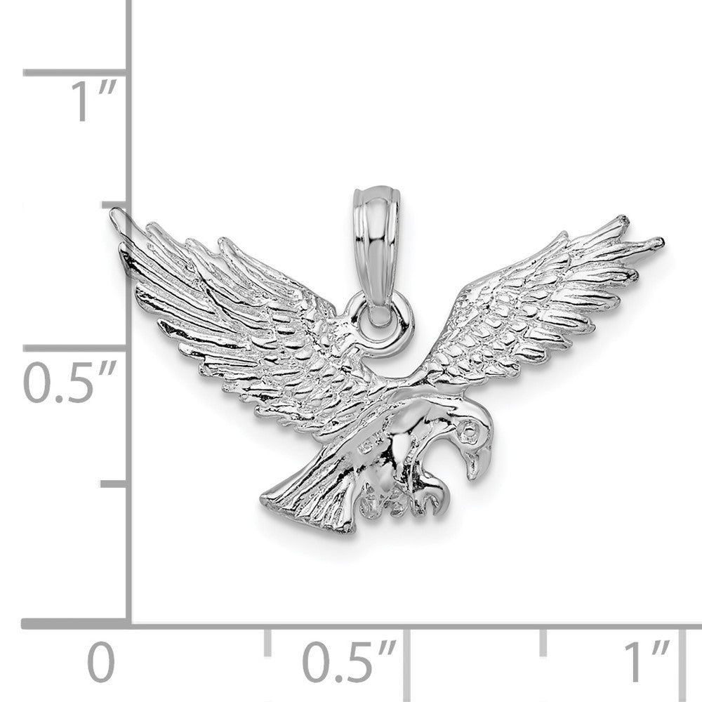 Sterling Silver Rhodium-plated Textured 3D Landing Eagle Pendant
