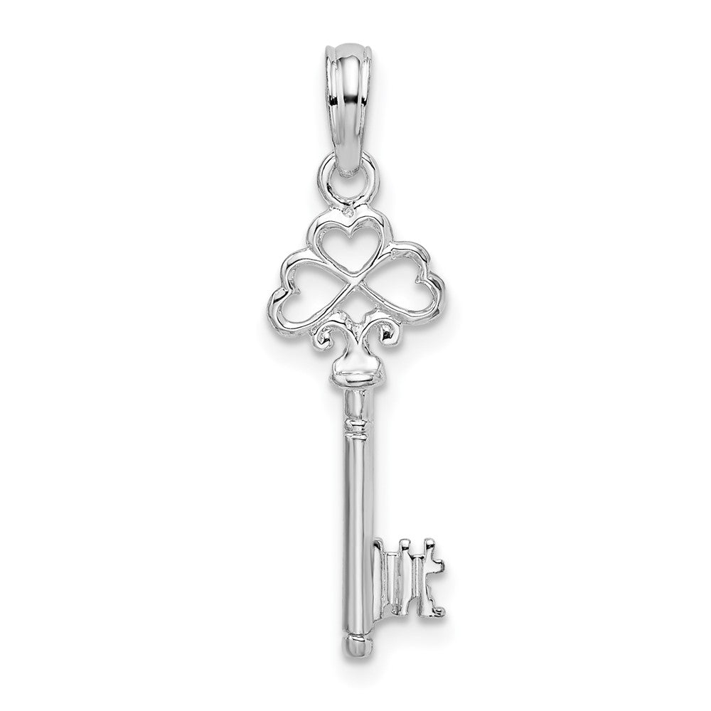 Sterling Silver Rhodium-plated Polished 3D Key w/Hearts Top Pendant