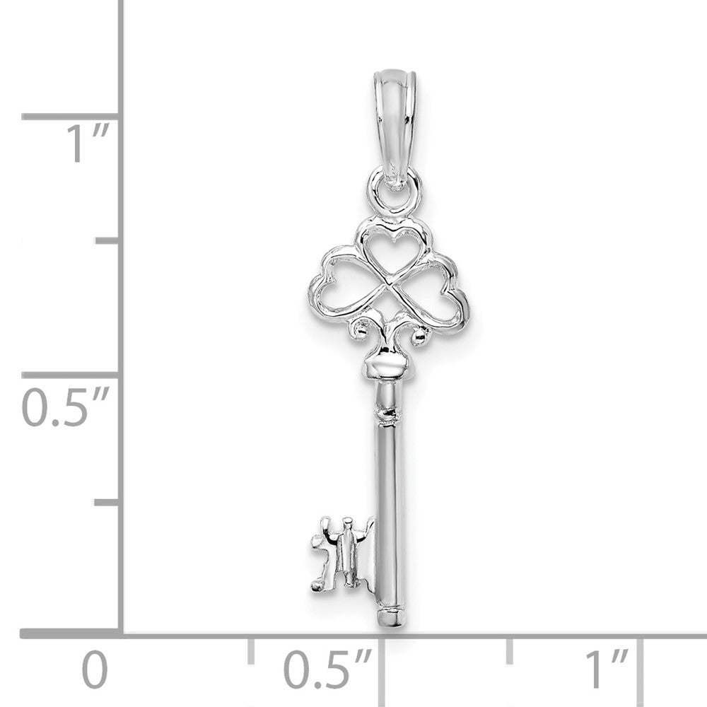 Sterling Silver Rhodium-plated Polished 3D Key w/Hearts Top Pendant