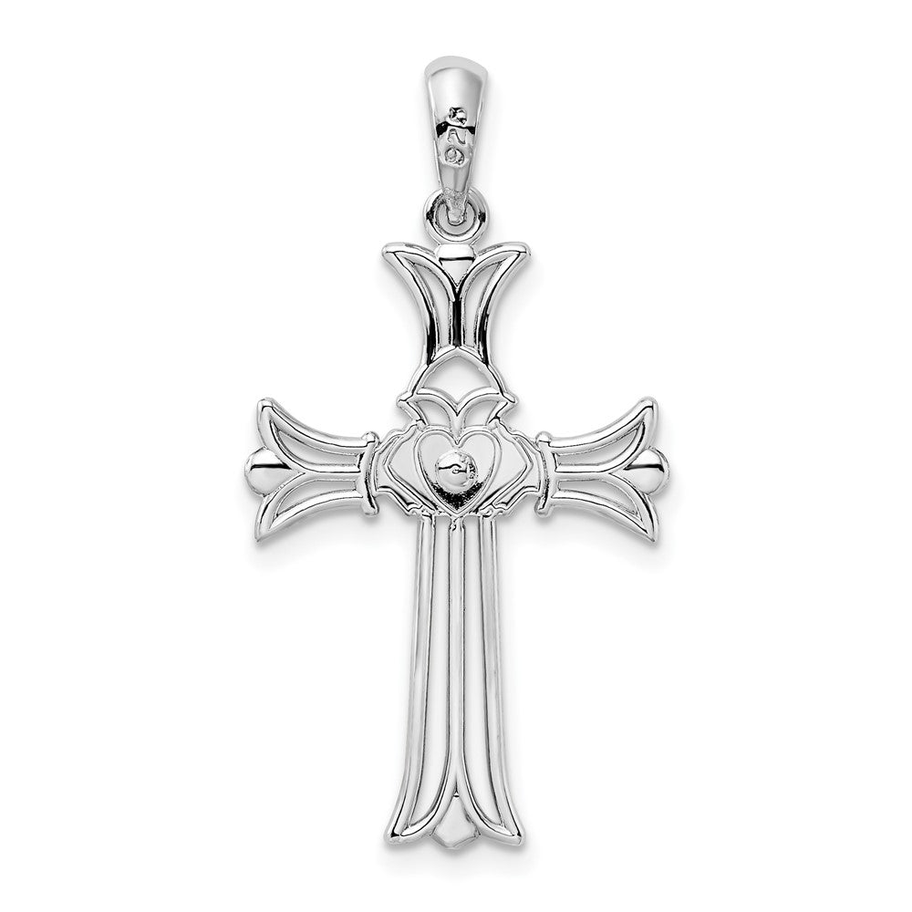 Sterling Silver Rhodium-plated Polished Cut-out Claddagh Cross Pendant
