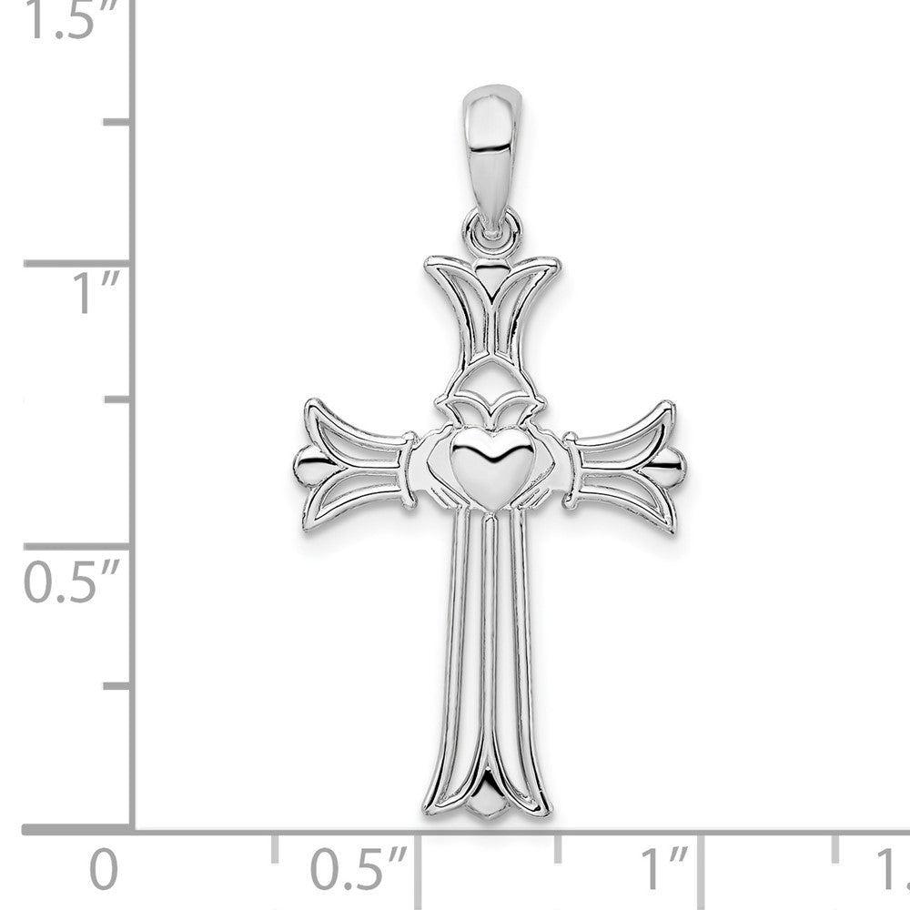 Sterling Silver Rhodium-plated Polished Cut-out Claddagh Cross Pendant