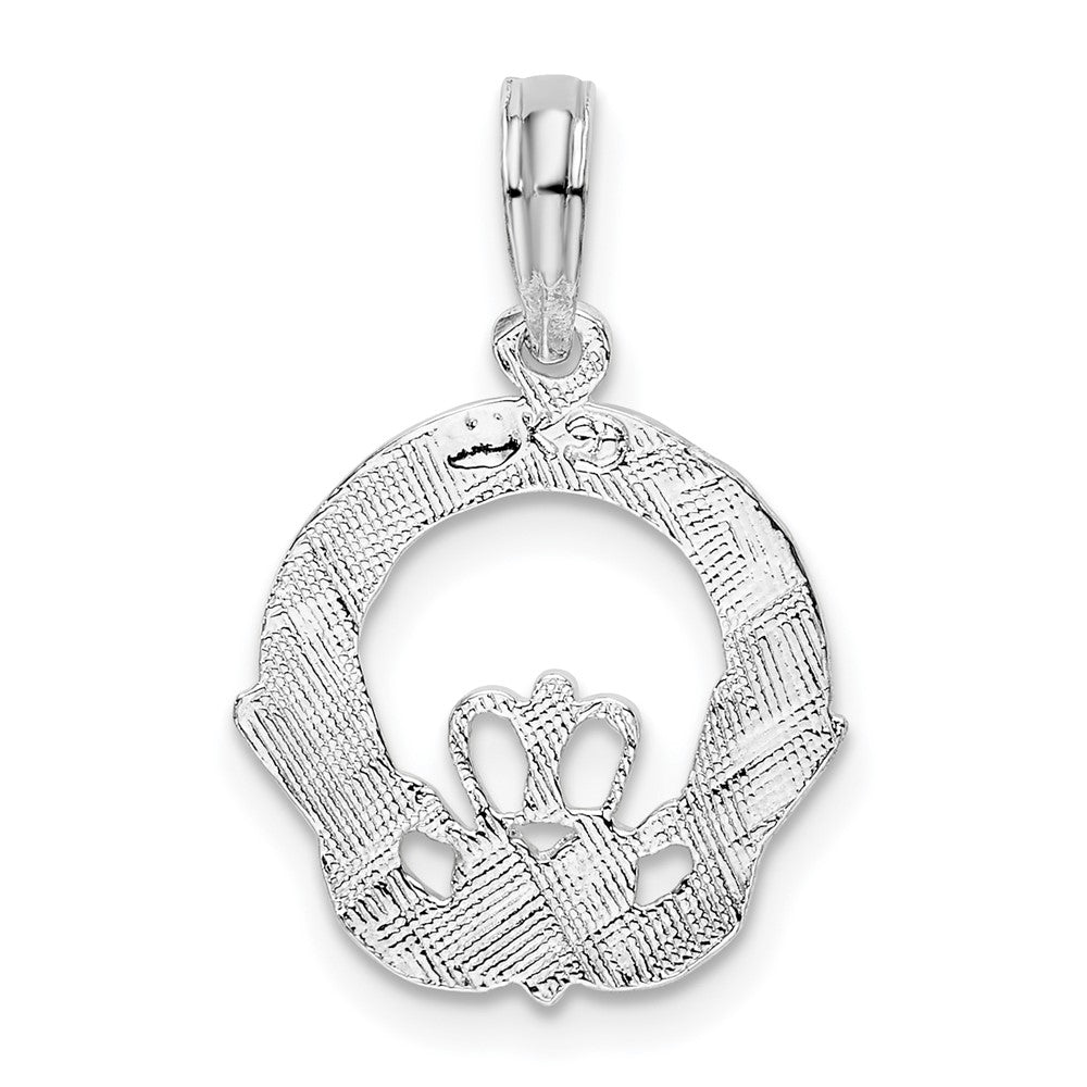 Sterling Silver Rhod-plated Polished/Textured Claddagh Circle Pendant