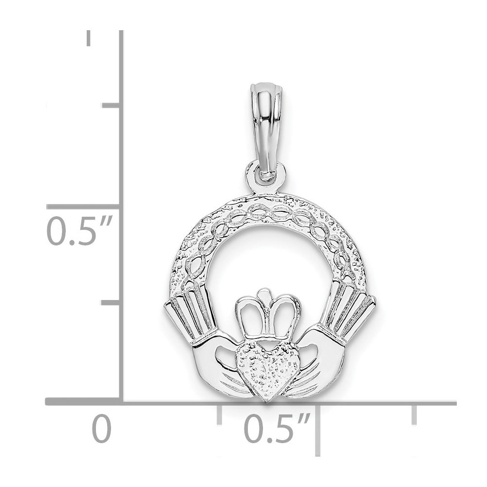 Sterling Silver Rhod-plated Polished/Textured Claddagh Circle Pendant