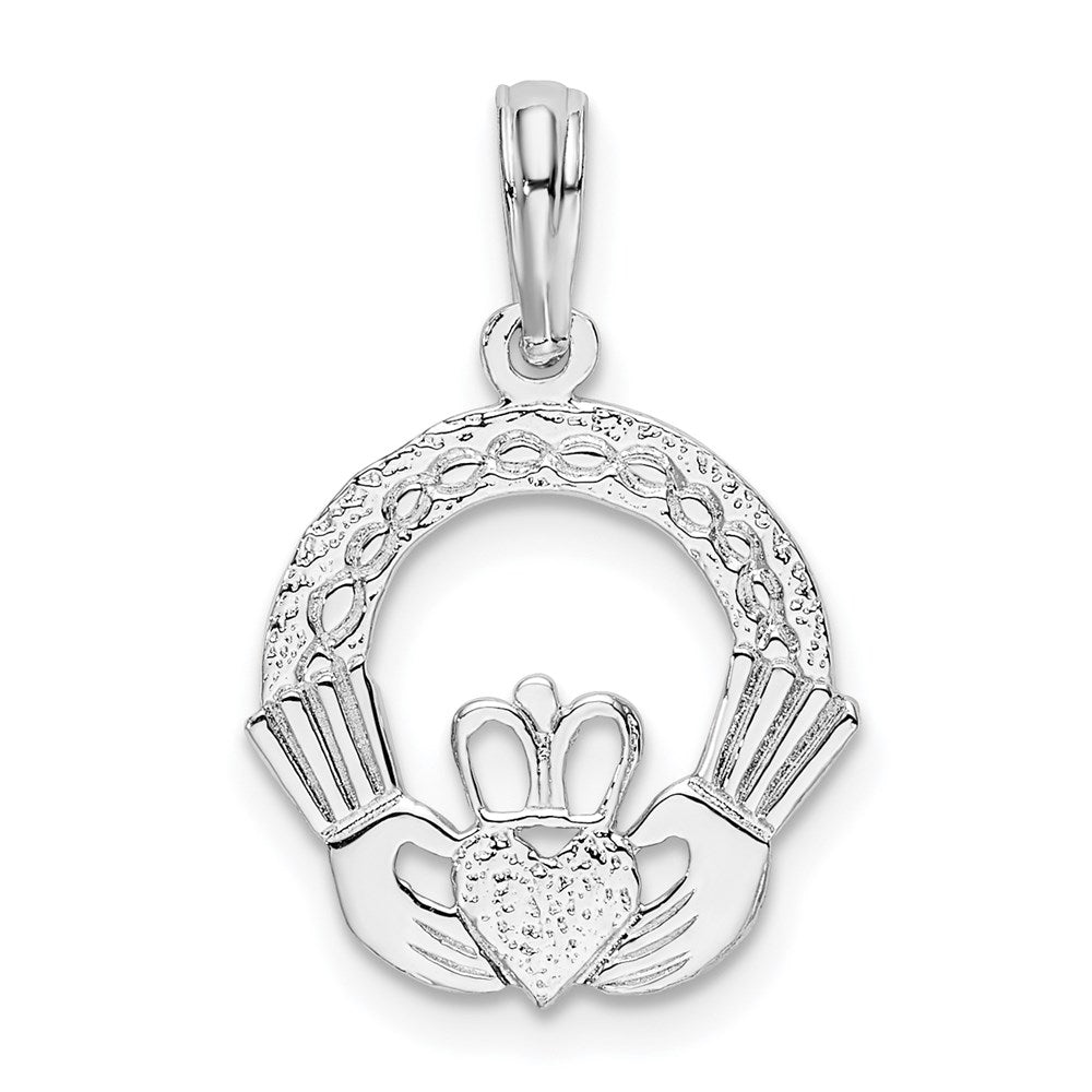 Sterling Silver Rhod-plated Polished/Textured Claddagh Circle Pendant